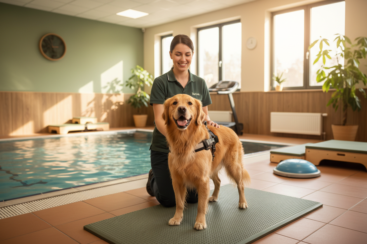 Dog in sage green wellness setting
