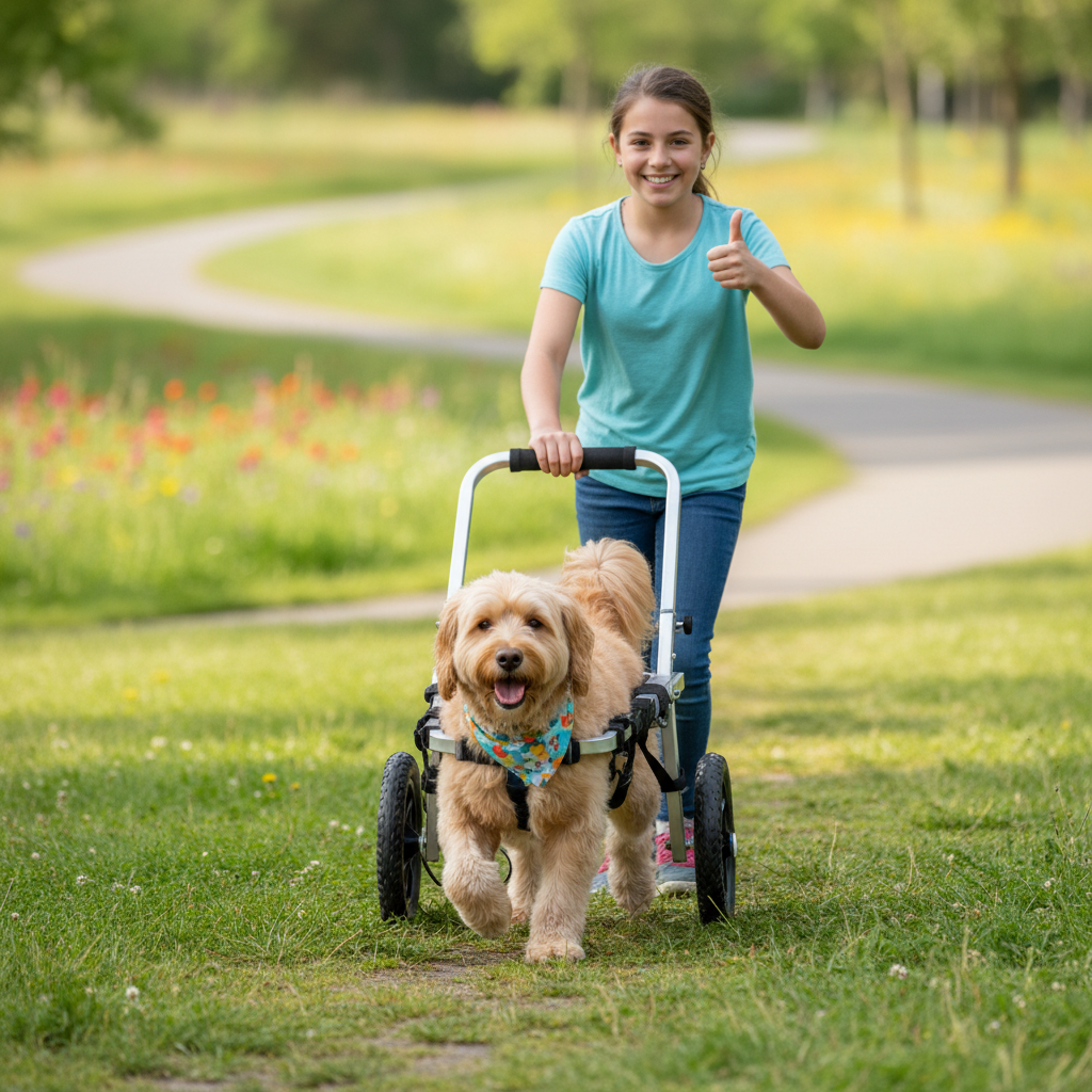 Handicapped dog with wheelchair